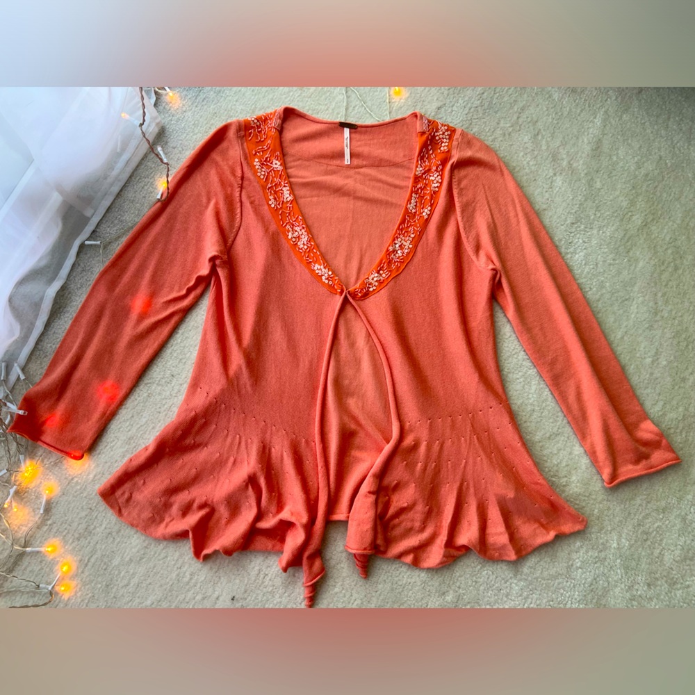 Free People Coral 🪸 Beads Details Ruffle Cardigan